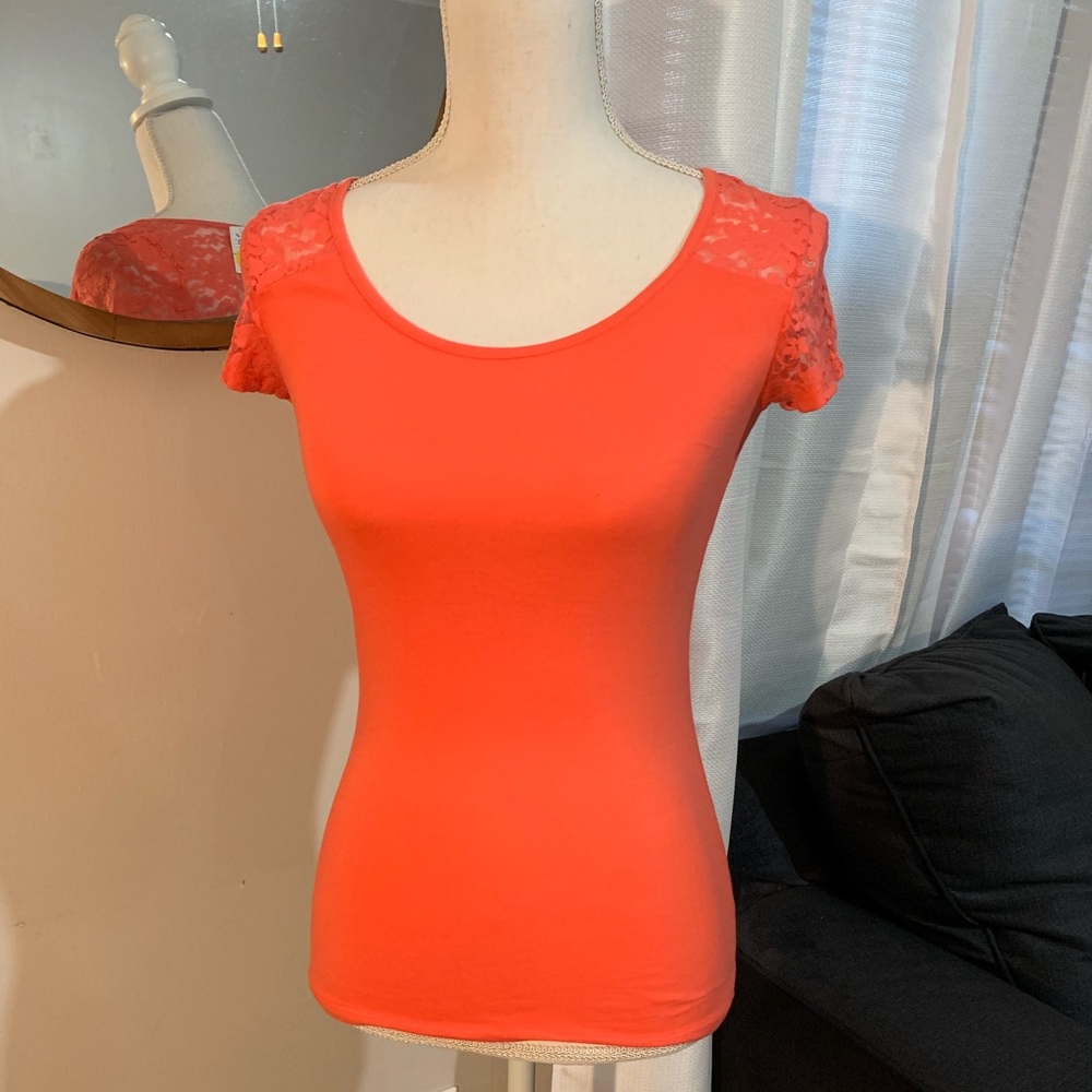Ambiance Apparel Coral Lace Top Stretch Tee